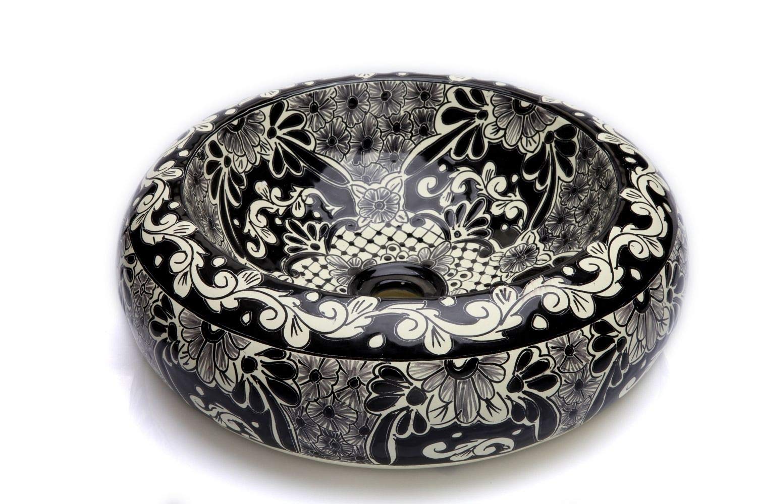 CeramesSerena - Mexican Round countertop washbasin Black | 40 cm Ceramic Talavera Small wash Basin from Mexico Colorful Decorative Motifs