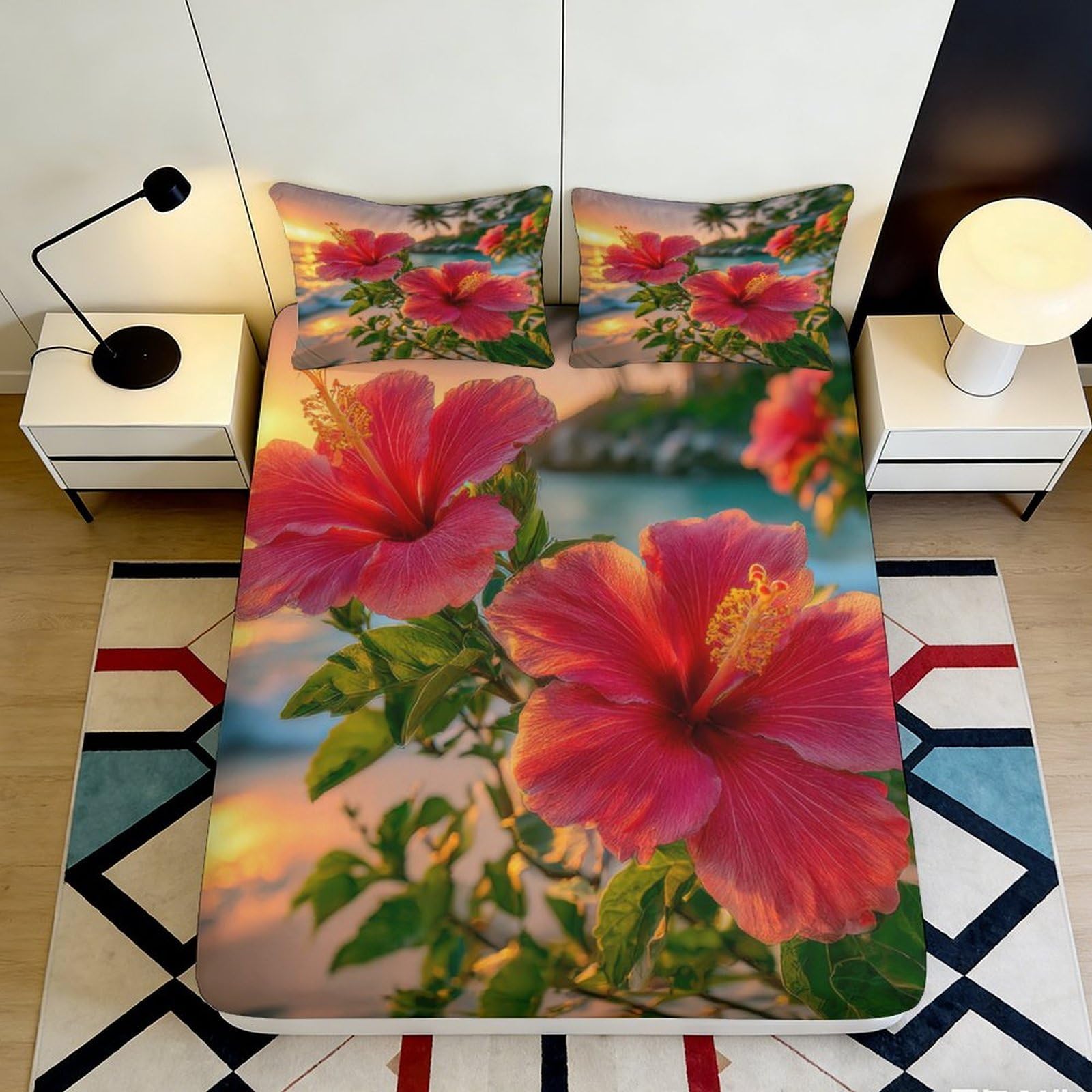 Pnayamiorkfel Style-2 3D Printed Tropical Hibiscus Flower Fitted Sheet Microfiber Soft Bed Cover Sunset Floral Mattress Protector For Bedroom Dorm Decor 90X200x25cm