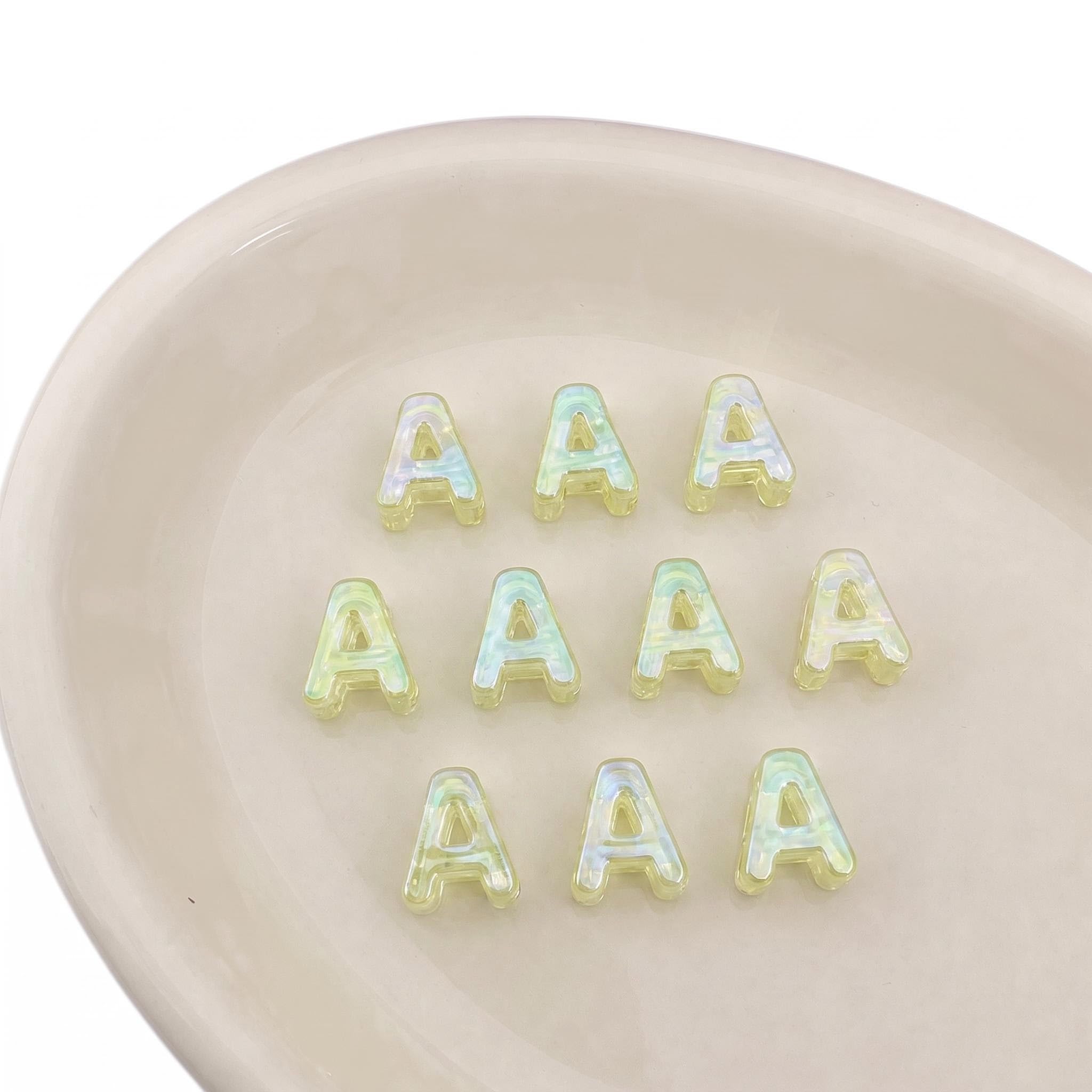 Letter Beads 10pcs, Large Acrylic Alphabet Beads with 6mm Hole, Iridescent Holographic UV Plated for Bracelet Making, Jewellery, Keyrings & Craft (Iridescent Green, Letter A)