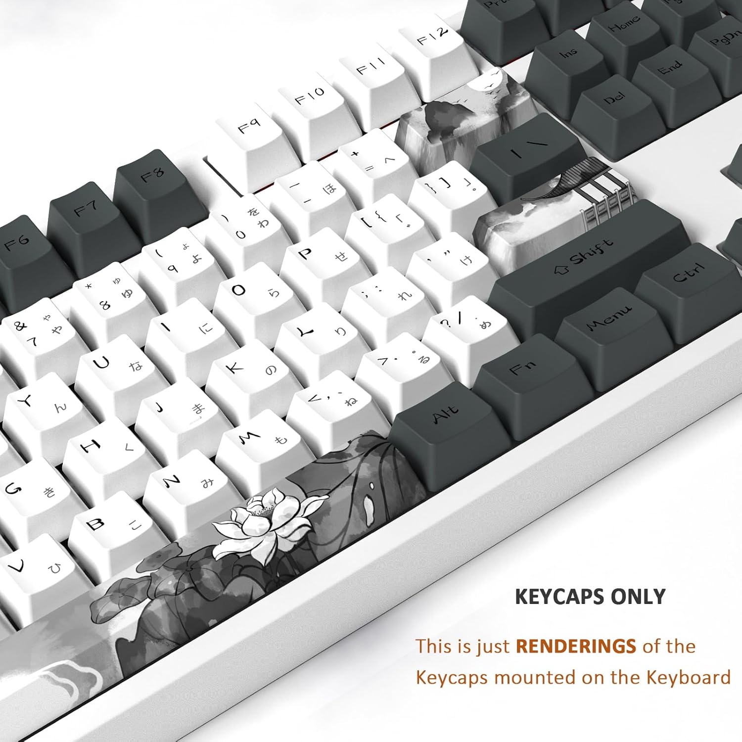 MOLGRIA Ink Lotus Keycaps, 140 Set Custom Key caps for Gaming Keyboard, PBT OEM Profile Dye Sublimation Keycaps ANSI/ISO Layout with Japanese Font for Gateron Kailh Cherry MX 104/87/74/61 60 Keyboard