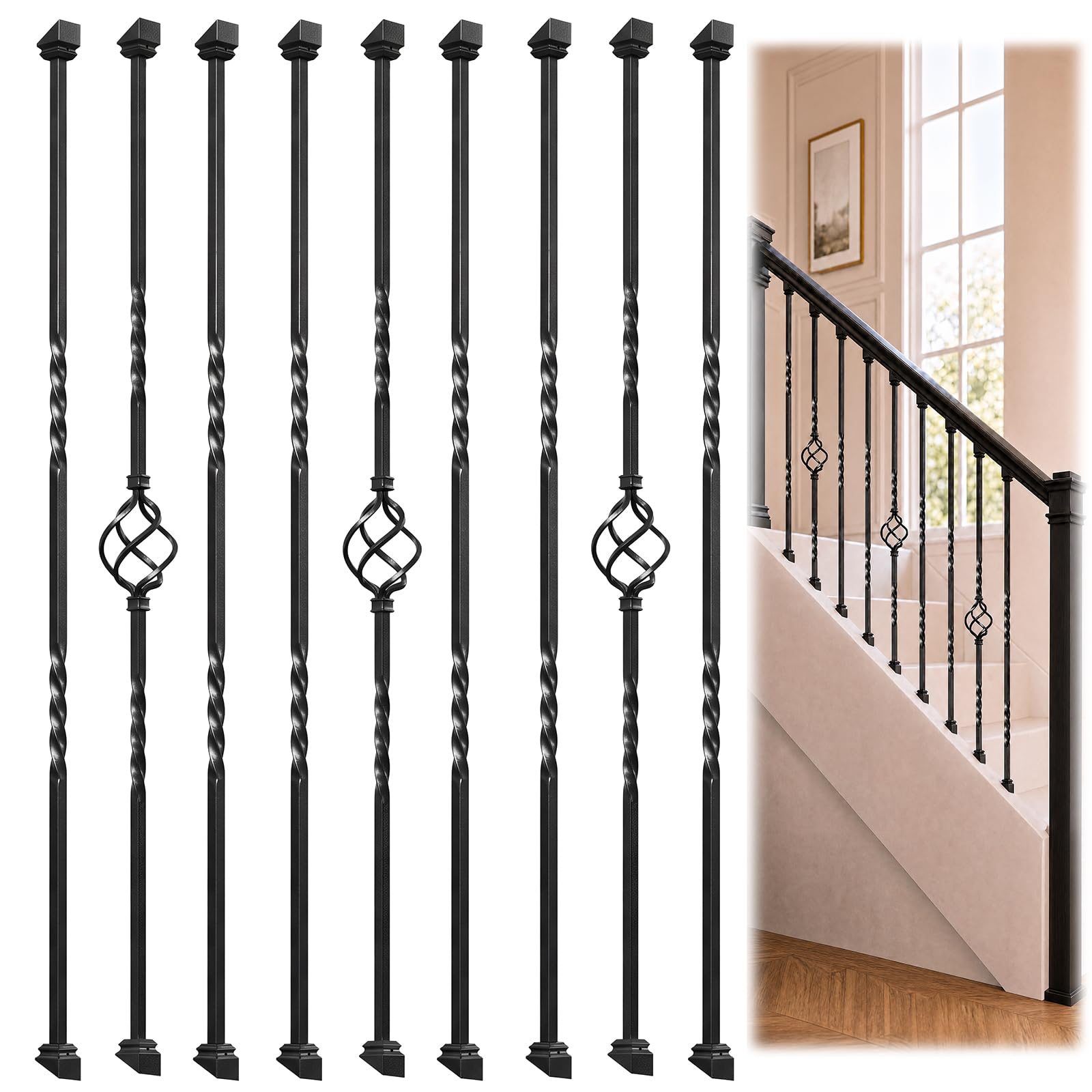 WUDLEP 9 PCS Wrought Iron Balusters, 1/2 Inch Hollow Twist and Basket