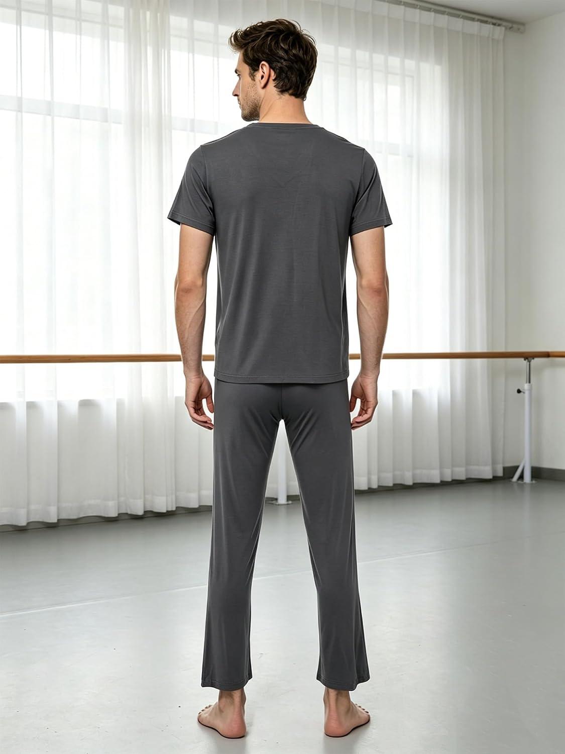 Alvivi Men Dance Practice Suit Round-neck Top + Loose Pants Training Performance Wear Jazz Latin Two Piece Set Dark Gray Medium