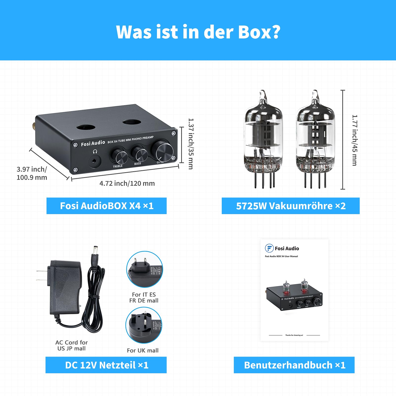 Fosi Audio BOX X4 HiFi Phono Röhren Vorverstärker, Hi-Fi Röhrenvorverstärker Kopfhörerverstärker, JAN 5725W Vakuumröhren für MM Plattenspieler, Gain-Stereo-Audio für Phono-Audiophil