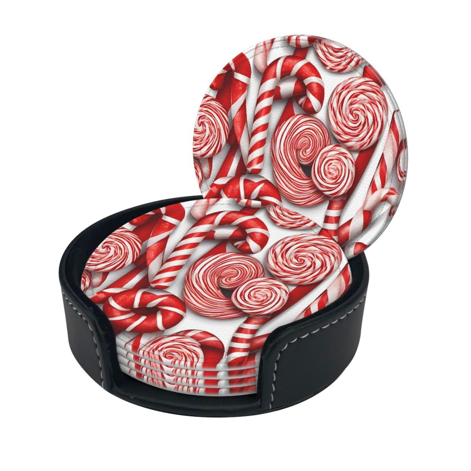 Candy Canes Print Coaster,Round Leather Coasters with Storage Box for Wine Mugs,Cold Drinks and Cups Tabletop Protection (6 Piece)