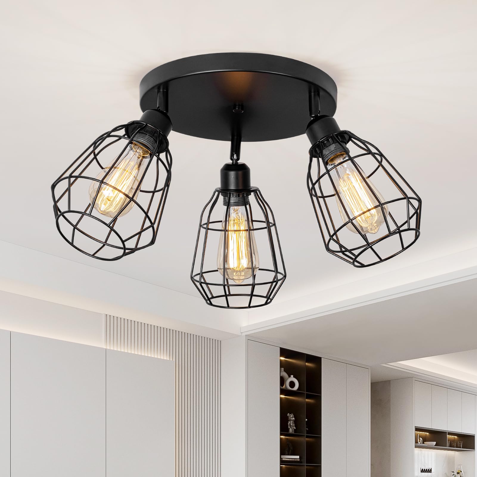 HARPER LIVING 3 Way Ceiling Lights, Black Vintage Spot Lights, Industrial Chandeliers Ceiling Light, Dimmable Flush Mount Ceiing Light for Living Room Bedroom Hallway, 3xE27 Bulbs (Not Included)
