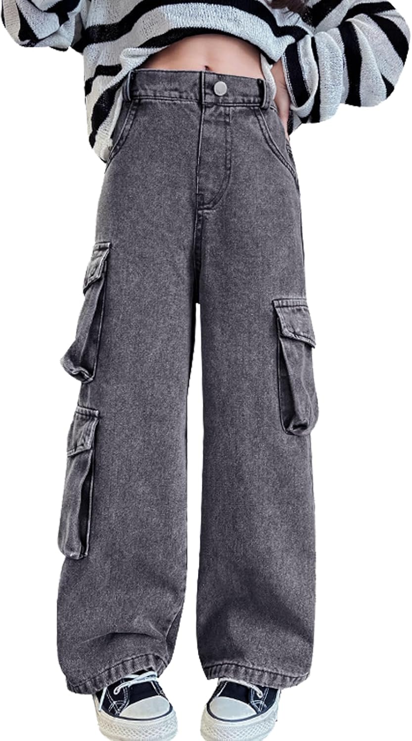 Girls Baggy Cargo Jeans Y2K Kids Wide Leg Hip Hop Loose Casual Trousers Size 6-14 Years