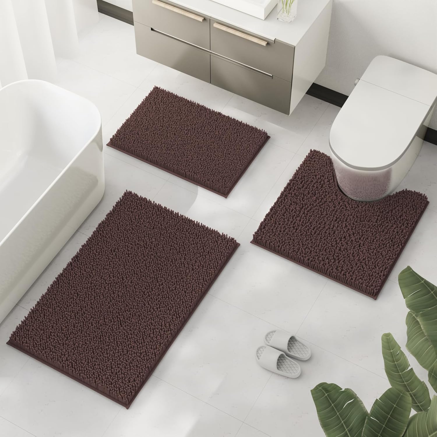 Bathroom Rugs Sets 3 Piece, Extra Soft Absorbent Chenille Bath Rugs, Non Slip Rubber Backing Machine Washable Quick Dry Bath Mats for Bathroom Floor, Tub, Shower, Home Decor Accessories, Deep Brown