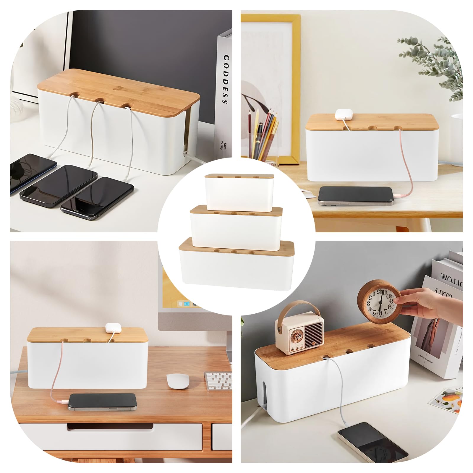 Set de 3 Caja Organizadora de Cables, Caja de Gestión de Cables con Tapa de Bambú, Cajas Guarda Cables, Ocultar Organizador Cables para Regletas TV Escritorio