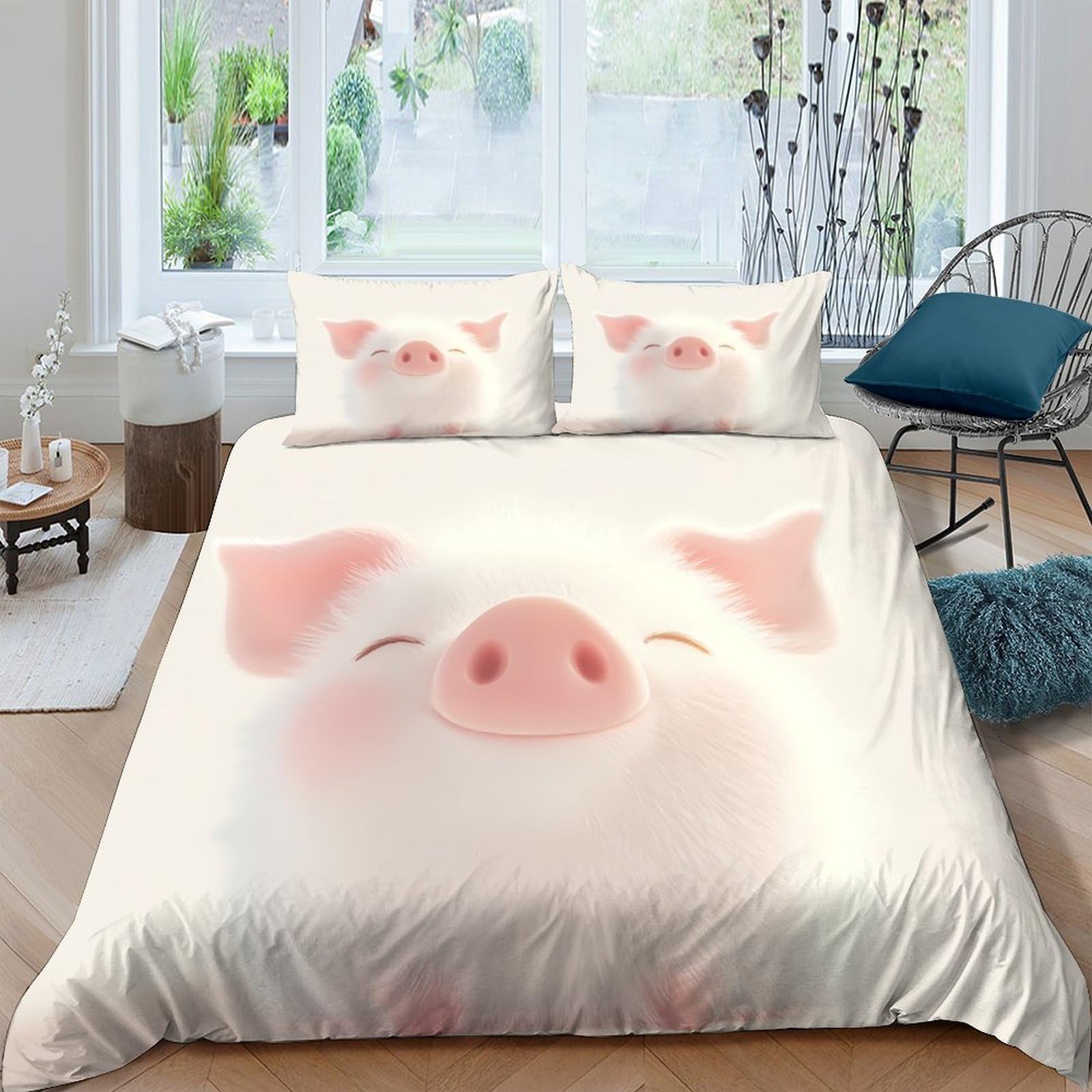 TUFRTGYHN 3D Printed Cute Pig Duvet Cover Microfiber Soft Breathable Animal Face Bedding Set with 2 Pillowcases for Bedroom Decor Single（135x200cm）