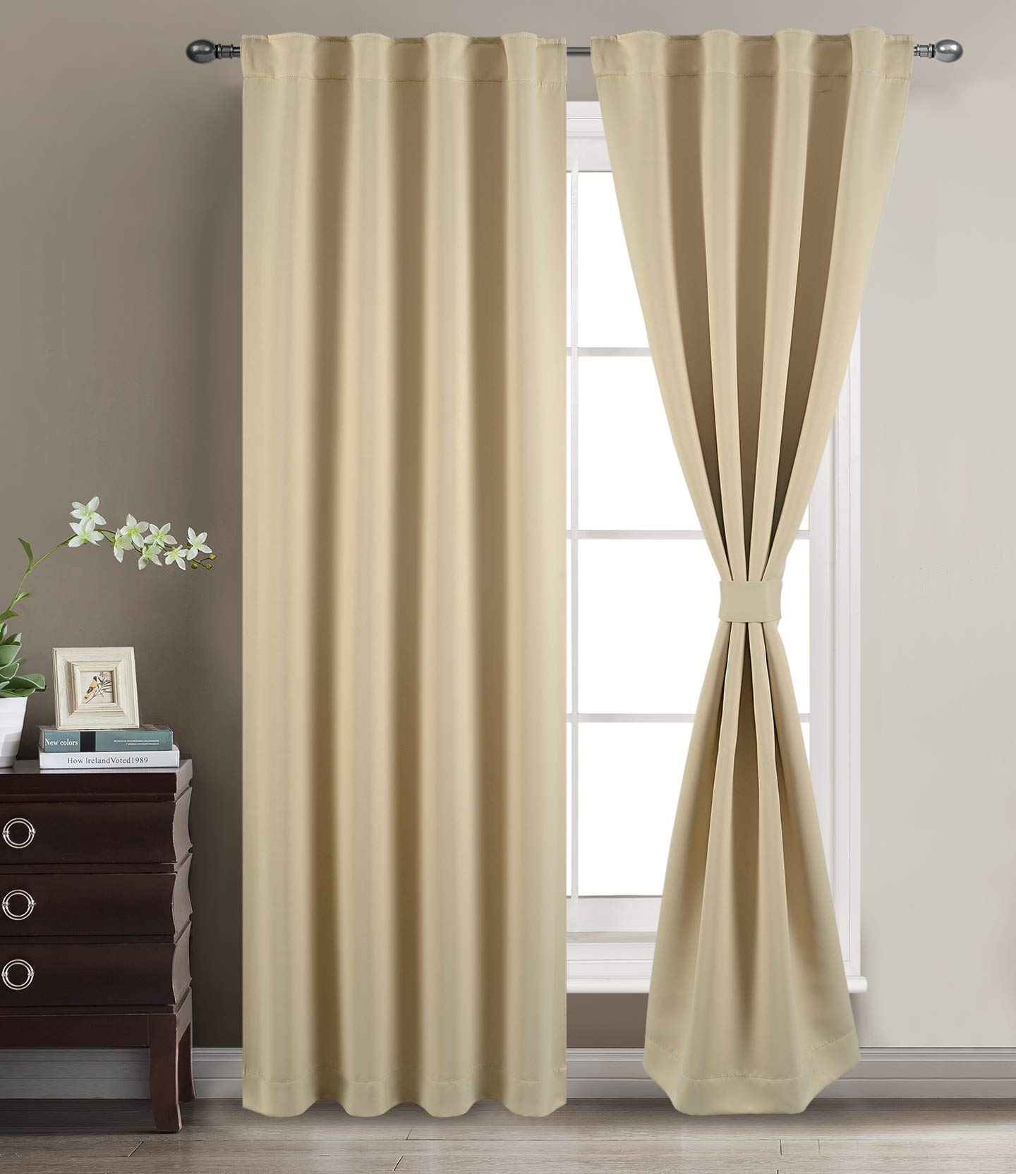 Set of 2 Thermal Noise Insulated Rod Pocket and Back Tab Blackout Curtain Panels for Bedroom (Beige, 2x52 Wx108 L)