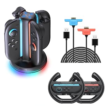 TRANSNOVO Charging Dock and 2-Pack Steering Wheels and Joycon Charger Cables for Nintendo Switch 2 2025 Joycons