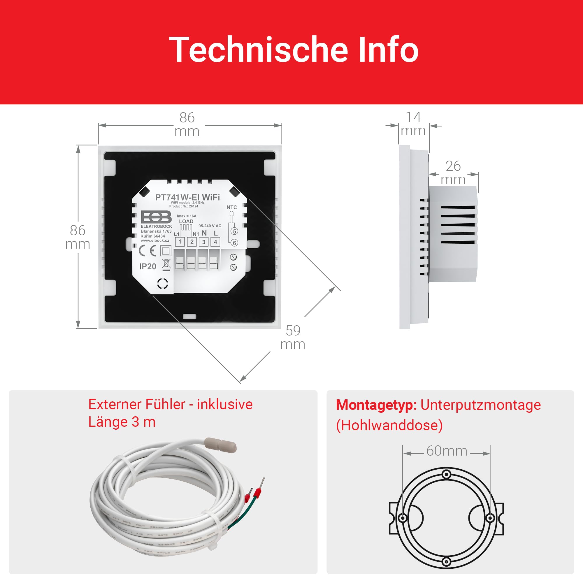Elektrobock PT741W-EI Raumthermostat mit WiFi | Smartes Thermostat für Fußbodenheizung & Elektroheizung | 6 Programme/Tag | Geofencing & Fenster-Offen-Erkennung | 230V, 16A, Weiß