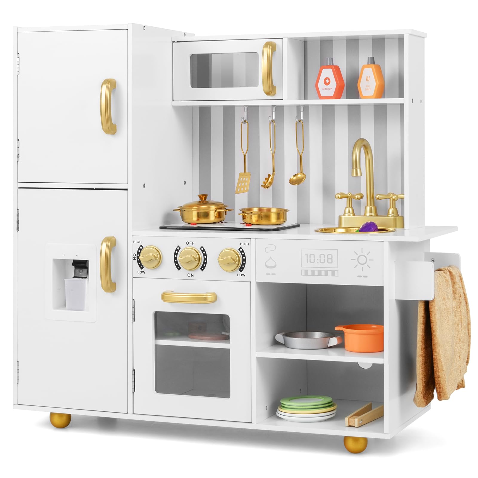 COSTWAY Kids Wooden Kitchen, Pretend Play Kitchen with Lights & Sounds, Realistic Oven, Sink, Utensils, Children Cooking Role Playset for 3+ Years Old (White+Gold)