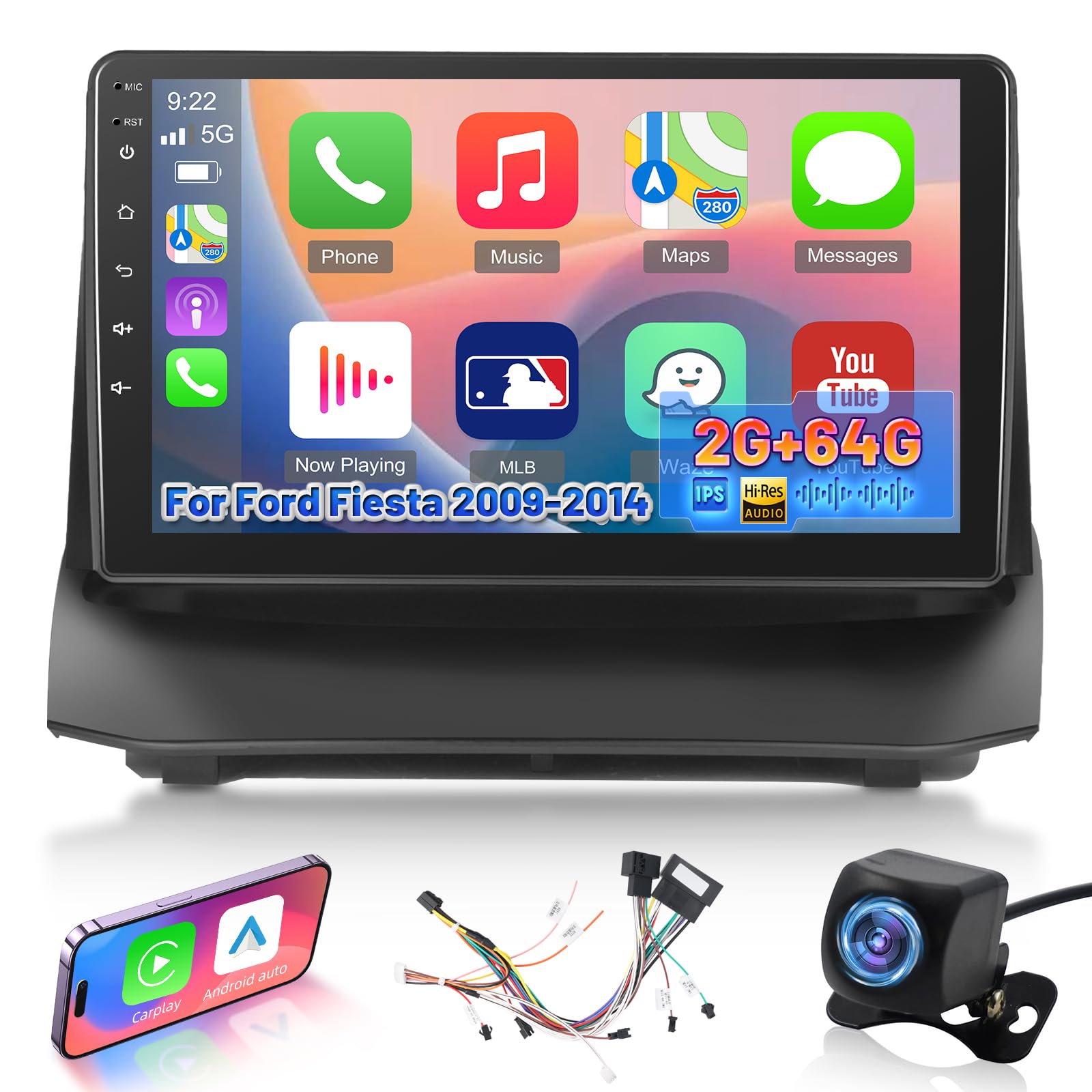 [2+64GB] Android Radio de Coche para Ford Fiesta 2009-2014, 9 Pulgadas Estéreo del Coche con Pantalla Táctil Wirelss CarPlay y Android Auto, WiFi, GPS, Radio FM RDS, Cámara de Marcha Atrás