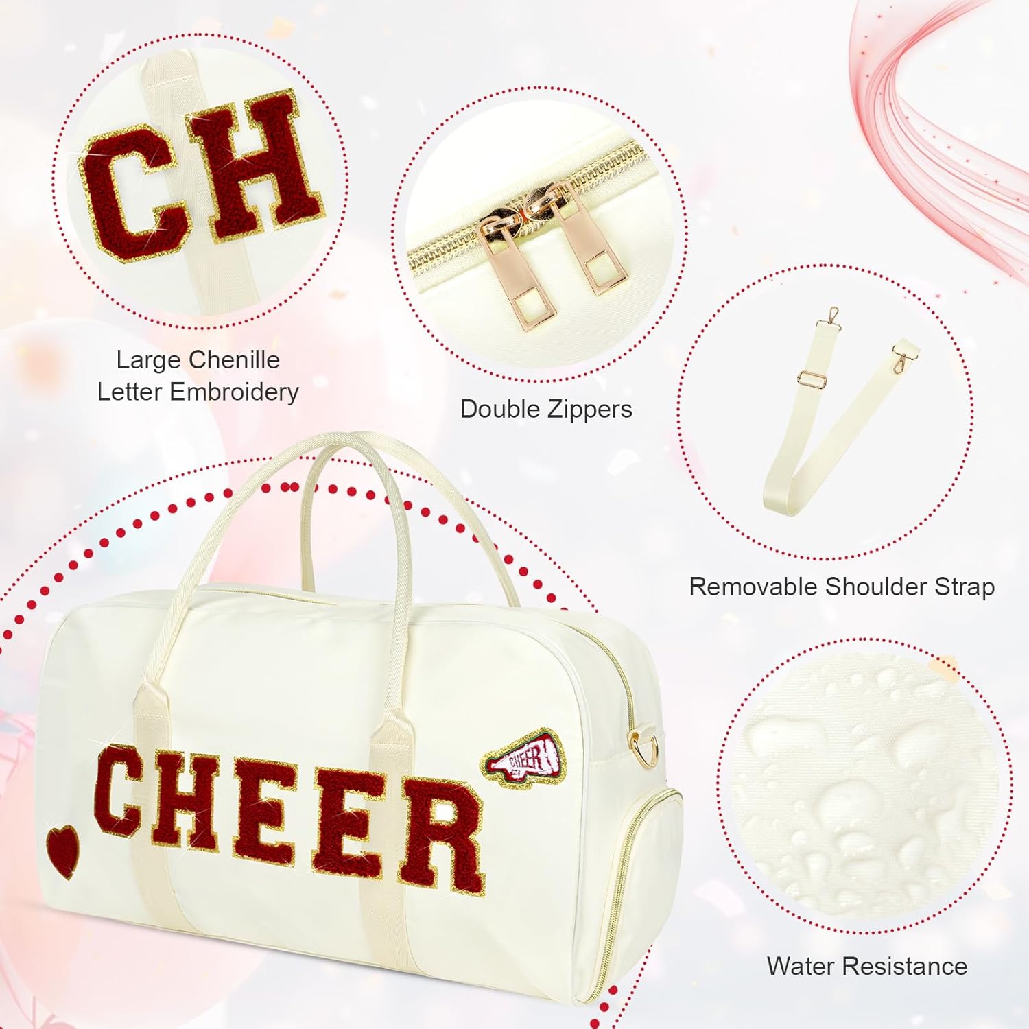 Dance Bag for Girls 2PCS Ballet Cheer Bag with Shoes Compartment Chenille Letter Embroidery for Dancer Travel Overnight bag - Image 5