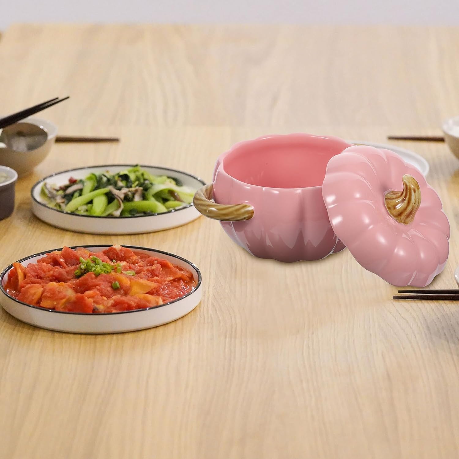 Ceramic Pumpkin Bowl with Lid Double Handle Stewed Soup Bowl Porcelain Food Container for Fall Kitchen Dining Thanksgiving Halloween Decor