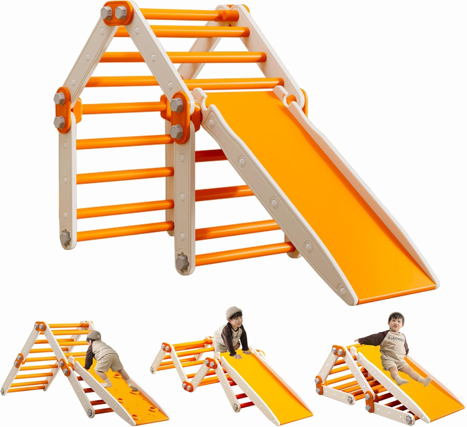 Indoor Jungle Gym,Kids Pikler Triangle Set,Multifunction Toddler Climbing Toys Foldable Montessori Play Gym with Slide(Orange)
