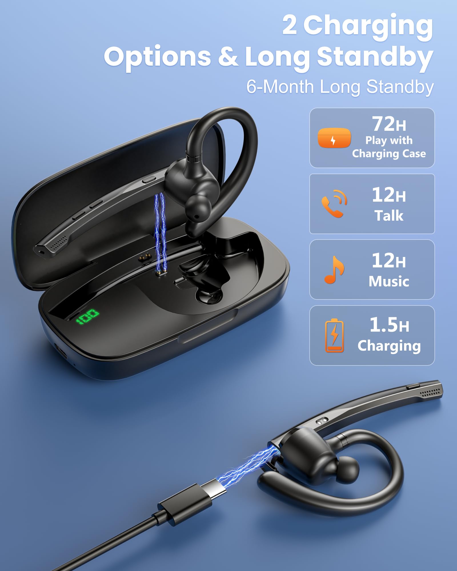 New Bee Auriculares Manos Libres Oreja Bluetooth con Doble Micrófono ENC Cancelación, Bluetooth V5.1 Auriculares Inalambricos Conexión de 2 Dispositivos 12hrs Talk Conducir/Oficina