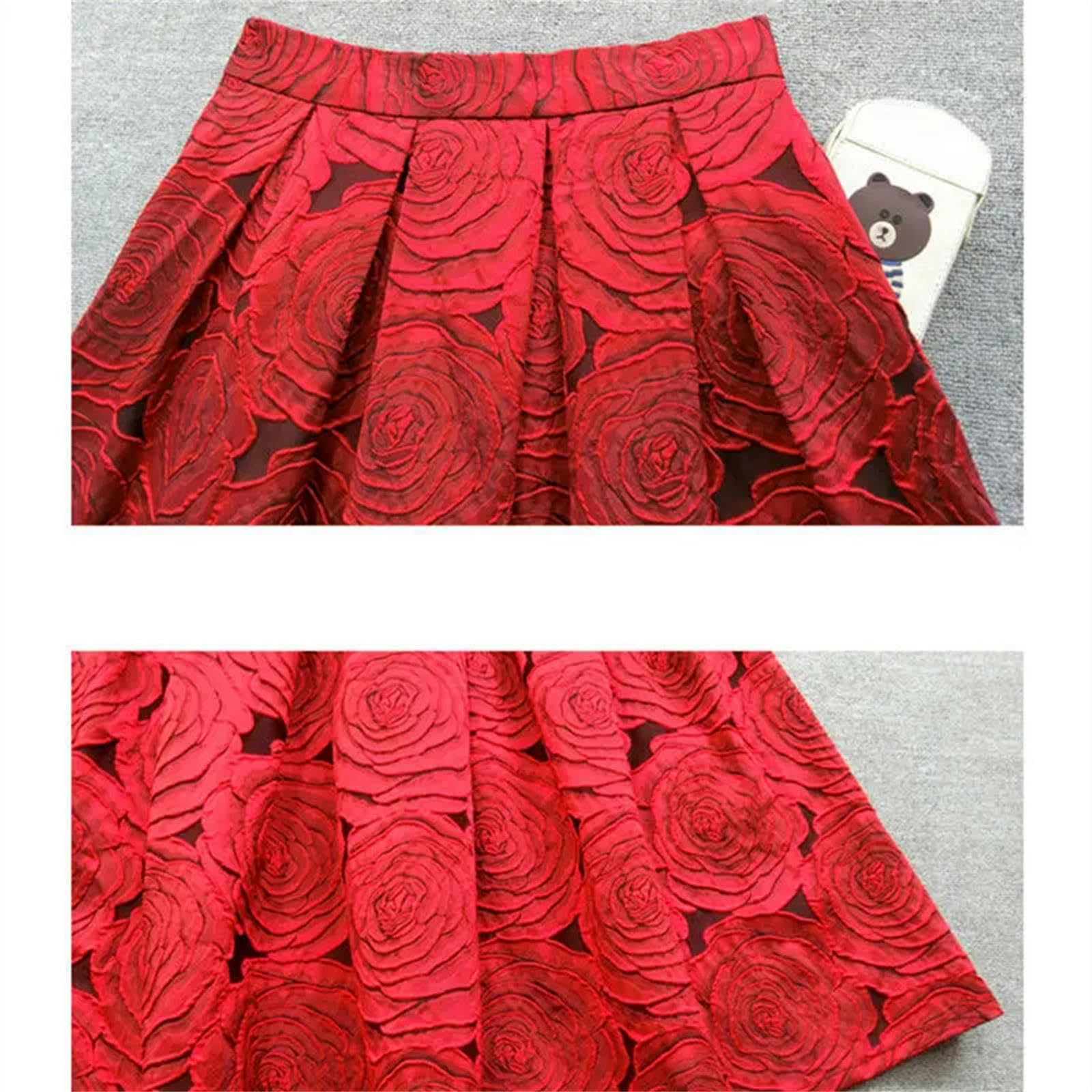 Rock Damen Frühlings- Und Herbst Retro Elegant Damen Red Retro Blumen Schöner Jacquard High Taille Long A-line Faltenrock