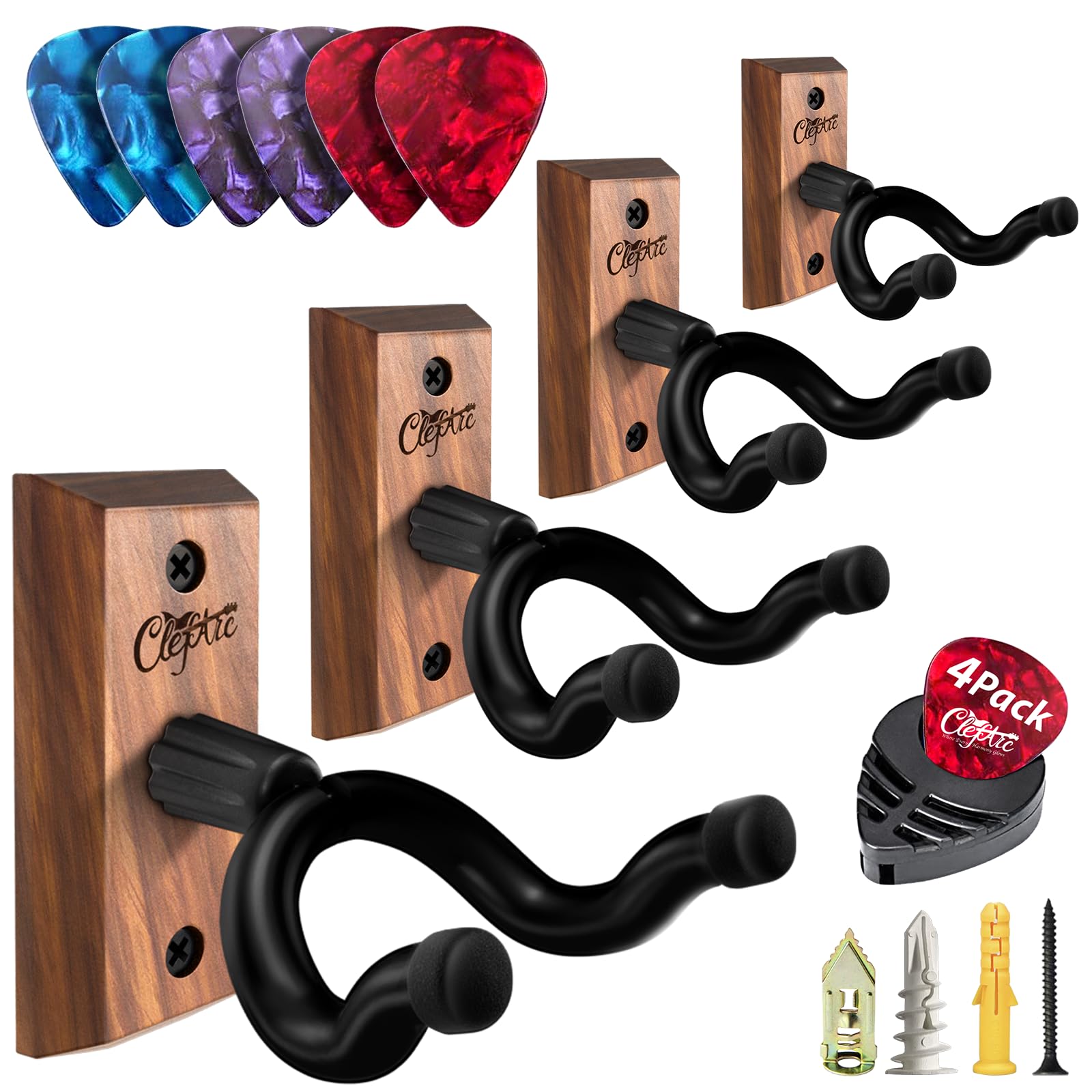 Black Guitar Wall Mount 4 Pack, Picks and Pick Holders, Black Walnut Black Walnut 4
