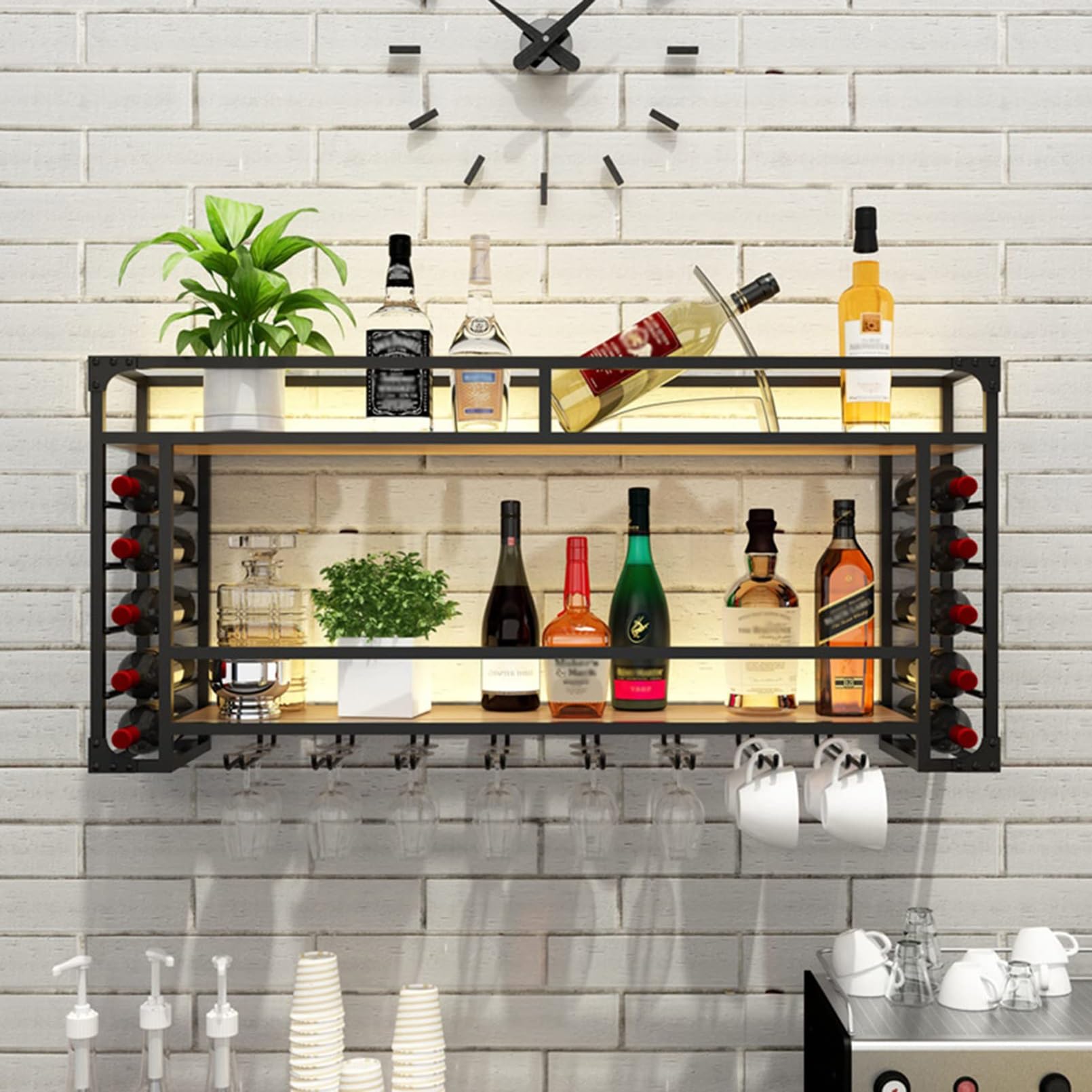 Support à verres à vin suspendu et étagère flottante bar en métal