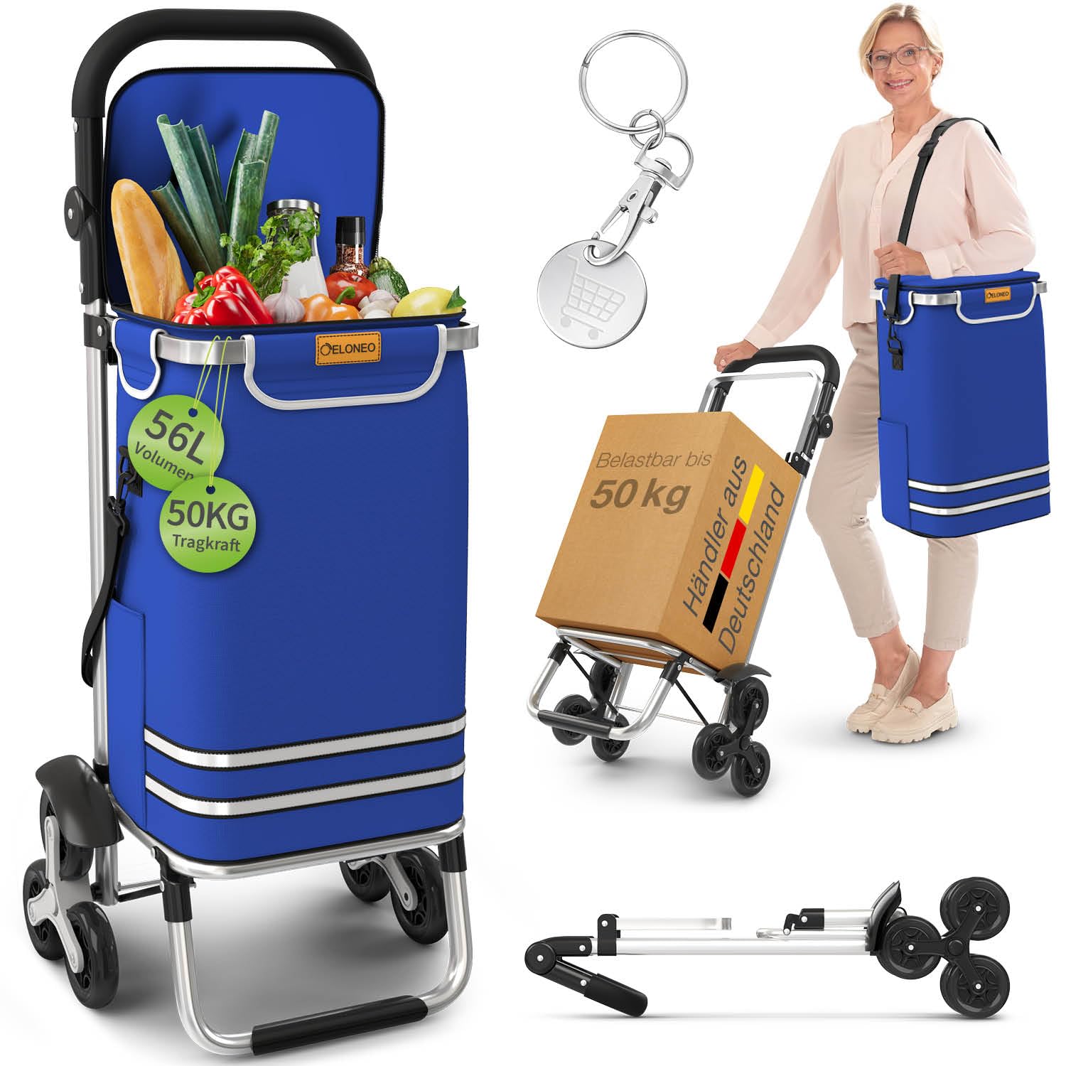 ELONEO Einkaufstrolley Treppensteiger mit Kühlfach, Einkaufsroller klappbar, Shopping Trolley höhenverstellbar, Reflektoren, abnehmbare Tasche 56 L, Hackenporsche (Treppensteiger-Trolley, Blau)