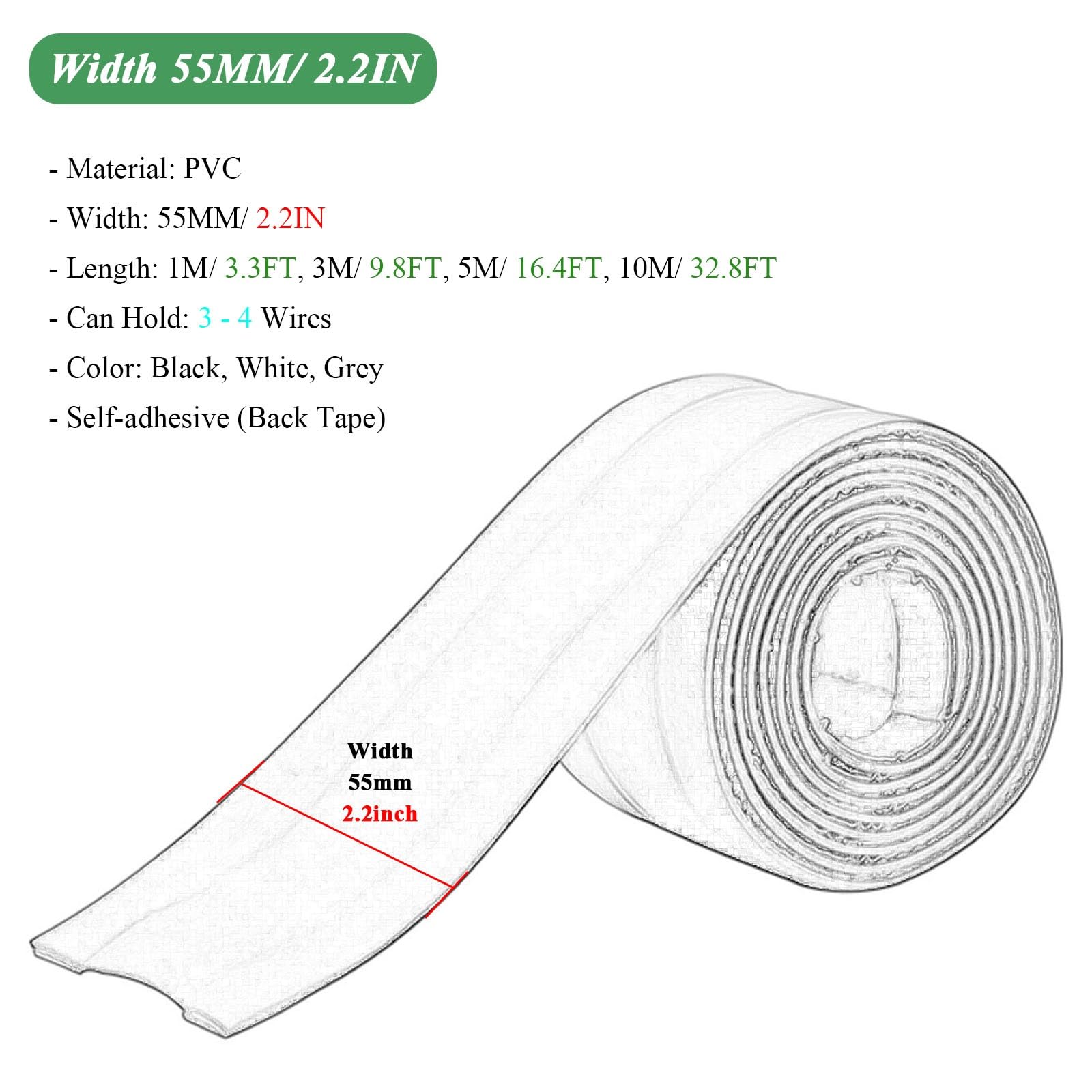 Canaleta Cable Tira Autoadhesiva para Ocultar Cables En Suelo Y Pared, Kit De Gestión De Cables De PVC De 1 A 10 M para Cables Y Alambres, Moldura Ocultadora De Canaleta(B,W 55mm - 3M/9.8FT)