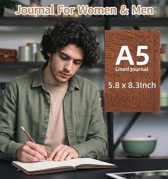A5 Lined Journal Notebook for Women Men, Tree Ring Leather Journals