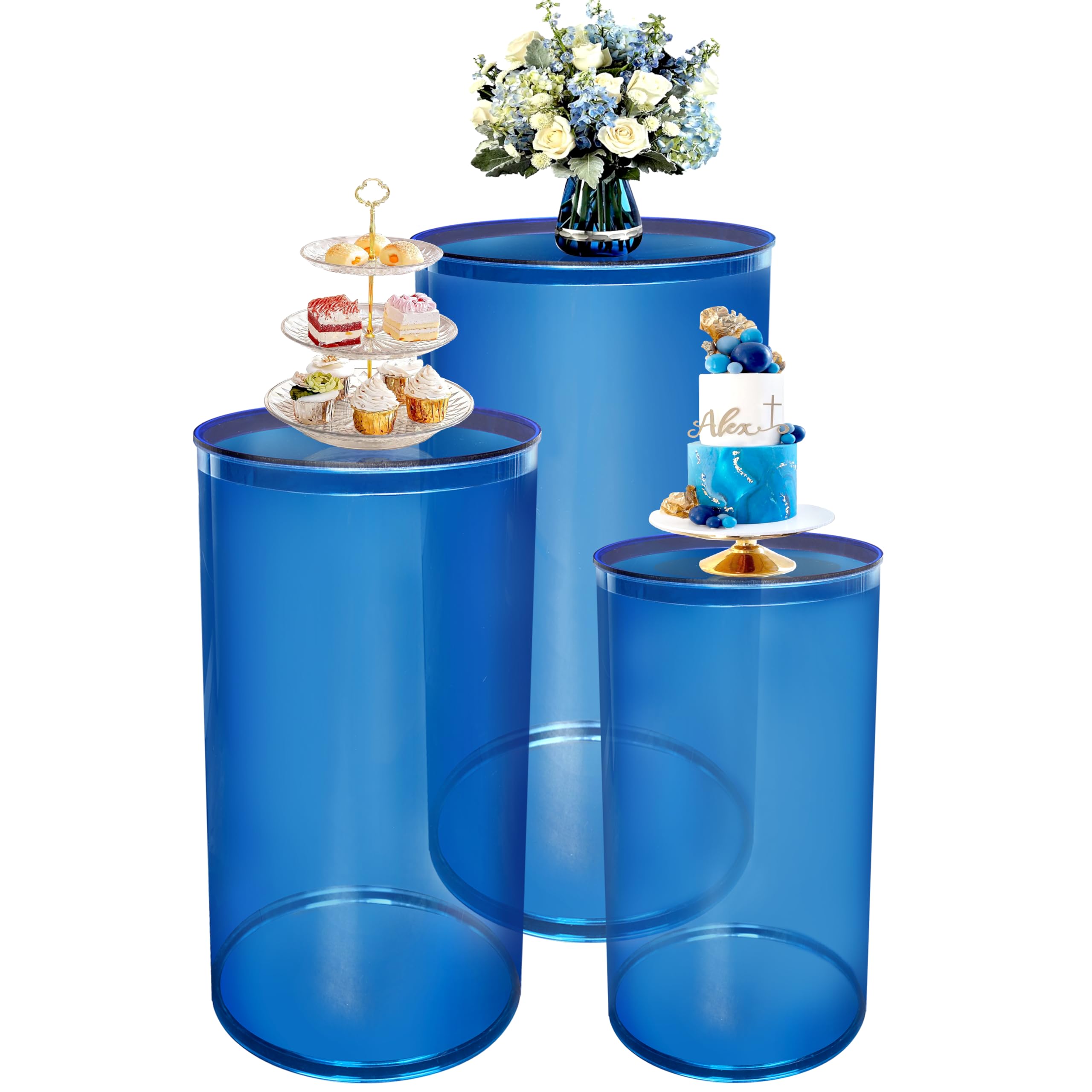 Photo 1 of AIMOMENT Cylinder Pedestal Stands, Blue Round Cylinder Cake Stands for Party Decor, Wedding, Birthdays, Baby Showers for Desserts, Flower & Art Event Table Pillar Display 3pcs Cylinder-5