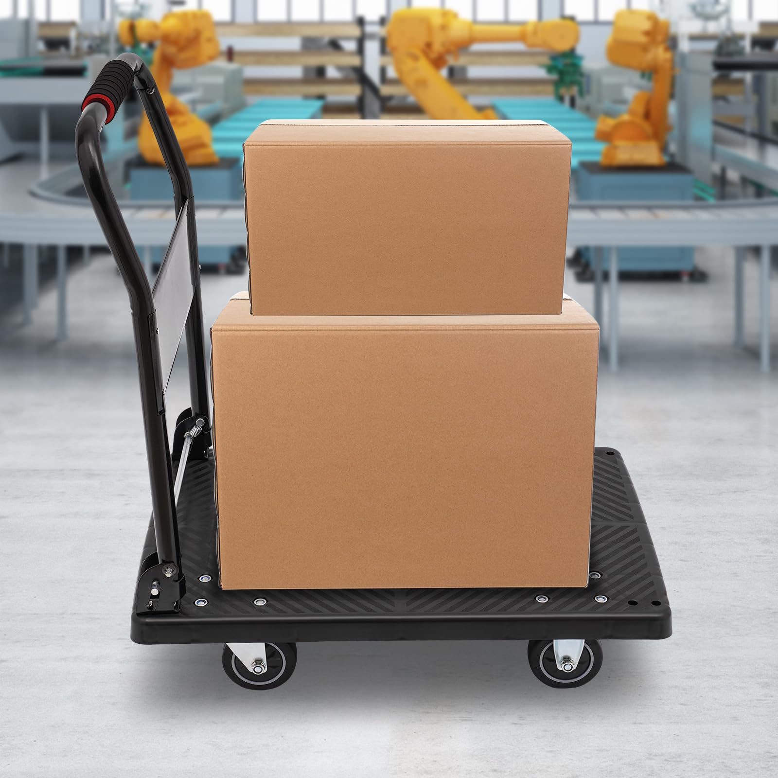 Faltbarer Schiebewagen, Transport Rollwagen mit Anti-Rutsch Beschichtung, Handwagen Rollwagen Klappbar, Robust Platzsparend Zusammenklappbar, 150 kg Tragkraft, Schwarz