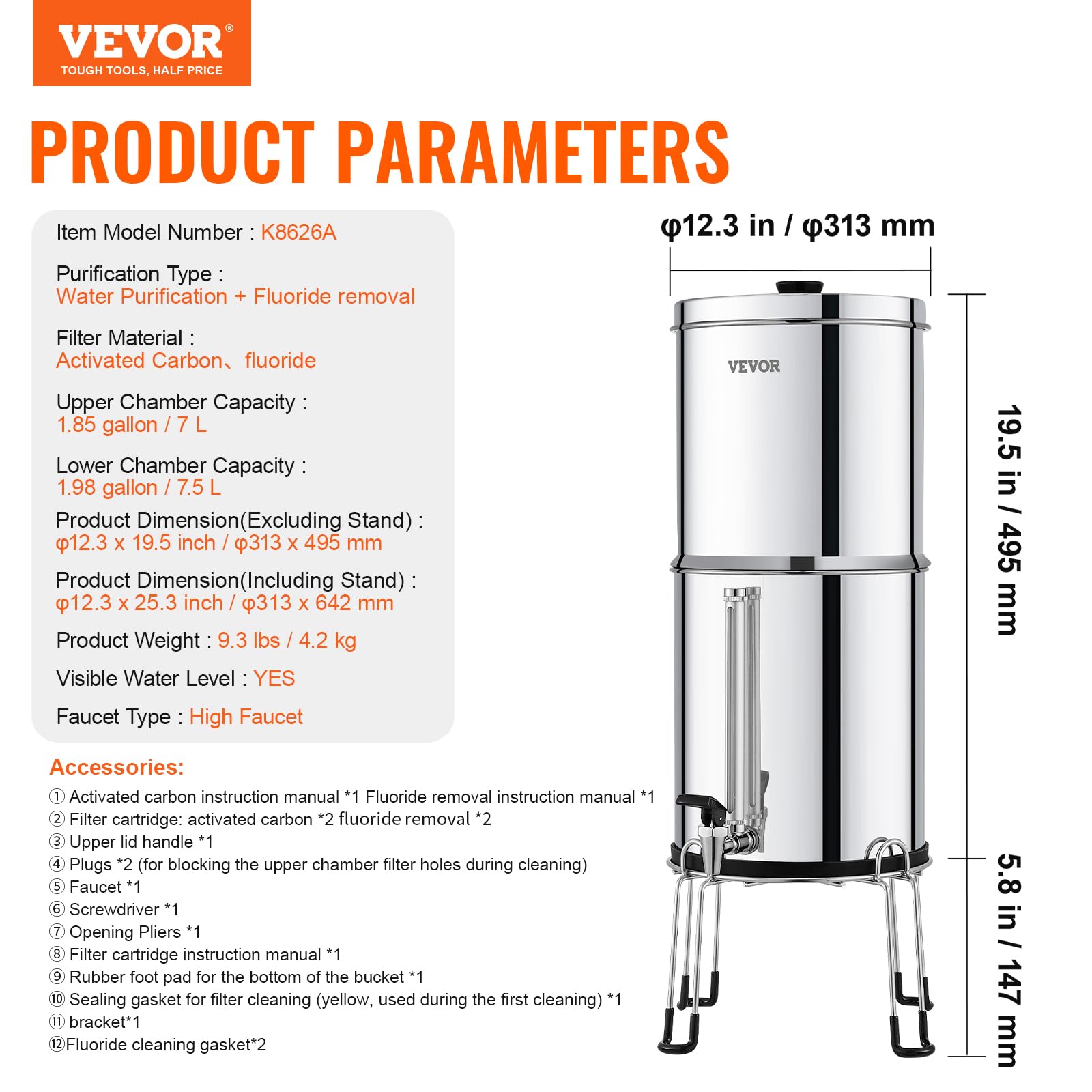 VEVOR Système de Filtration d'Eau par Gravité 7,5 L, Filtre à Eau par Gravité Réduction du Plomb et jusqu'à 99% du Chlore, Inox 304, avec 2 Filtres à Charbon Actif, 2 Filtres de Défluoration, Robinet
