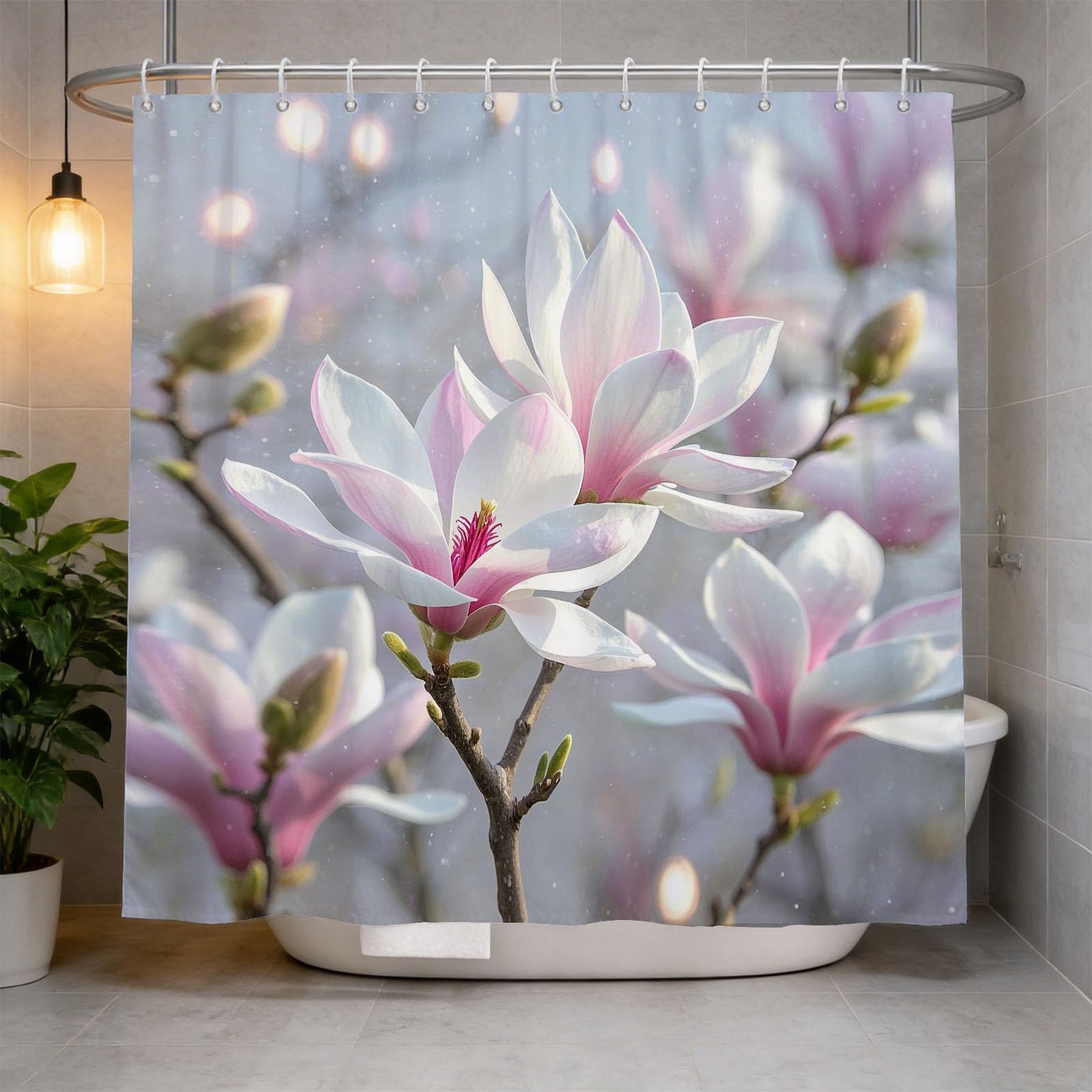 Hongduo 3D Magnolia Shower Curtain for Stalls Bathtubs Chic Bathroom Decor Shower Curtain Set Polyester Fabric Waterproof 180x180cm/71X71 Inch with Hooks