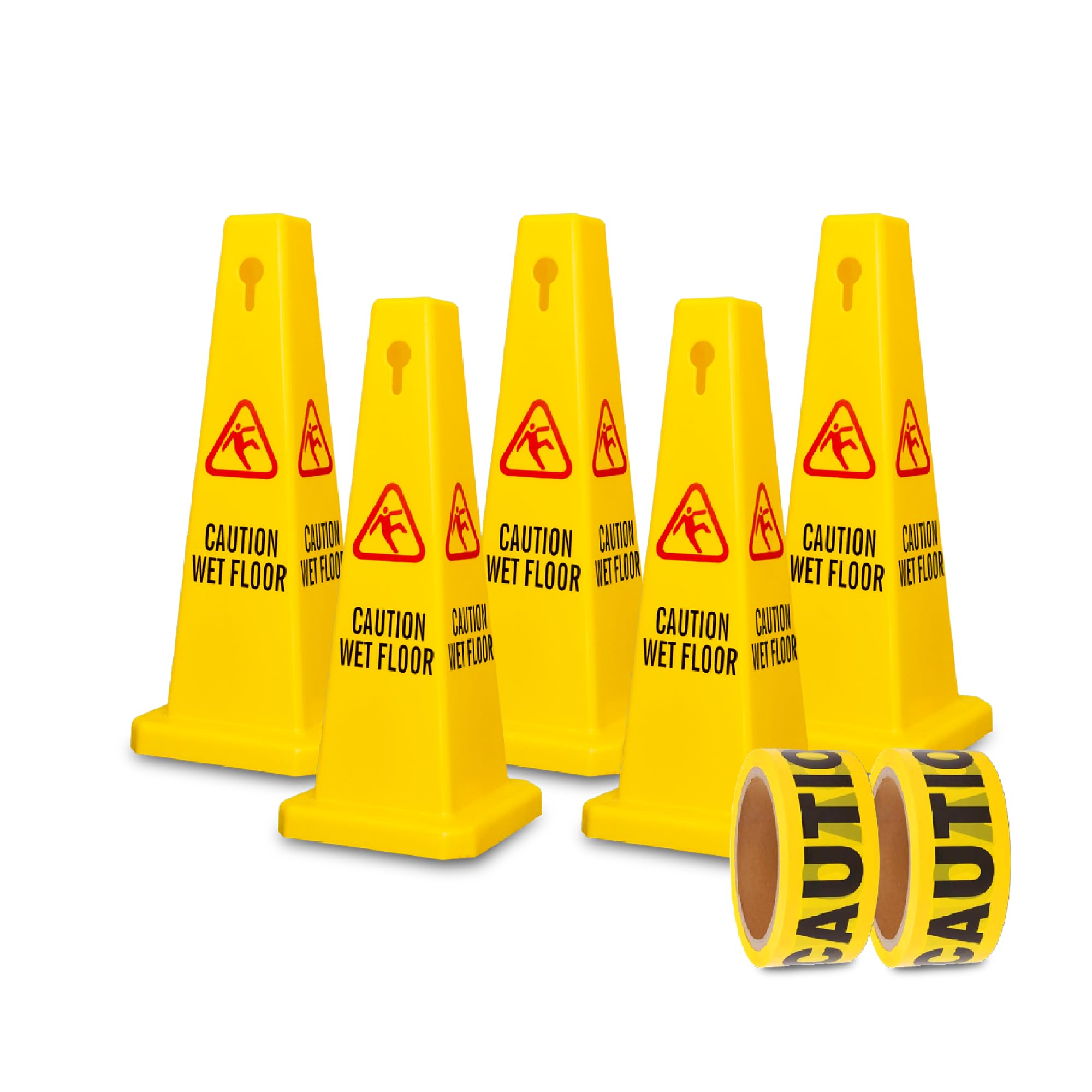 4 Sides View Caution Wet Floor Sign with 50 Meter Caution Warning Tape, Highly Visible Yellow Wet Floor Safety Sign Easily Noticeable for School, Hotels, Malls, Restaurants (Yellow, Set of 5)
