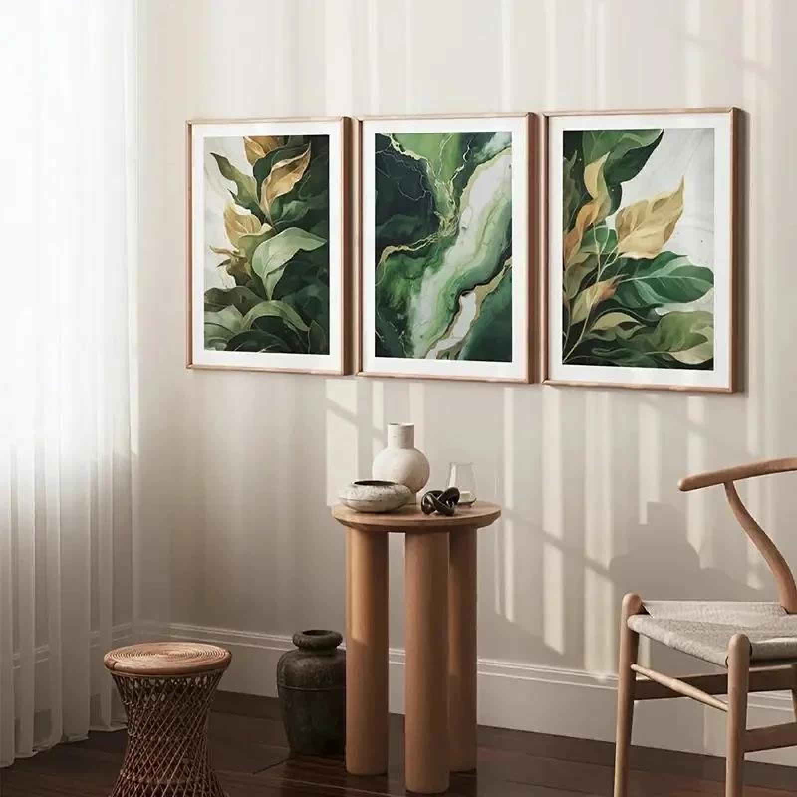 Baibexing Abstrakcyjne obrazy na płótnie z zielonymi liśćmi roślin – plakaty i obrazy ścienne do salonu i domu, 60 x 80 cm x 3 sztuki, bez ramy