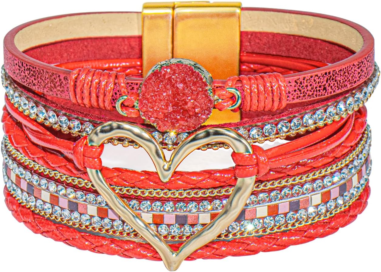 Leather Wrap Bracelet for Women, Boho Cuff Bracelet with Strong Clasp, Multi-Layer Crystal Leather Bracelet for Valentine's Day