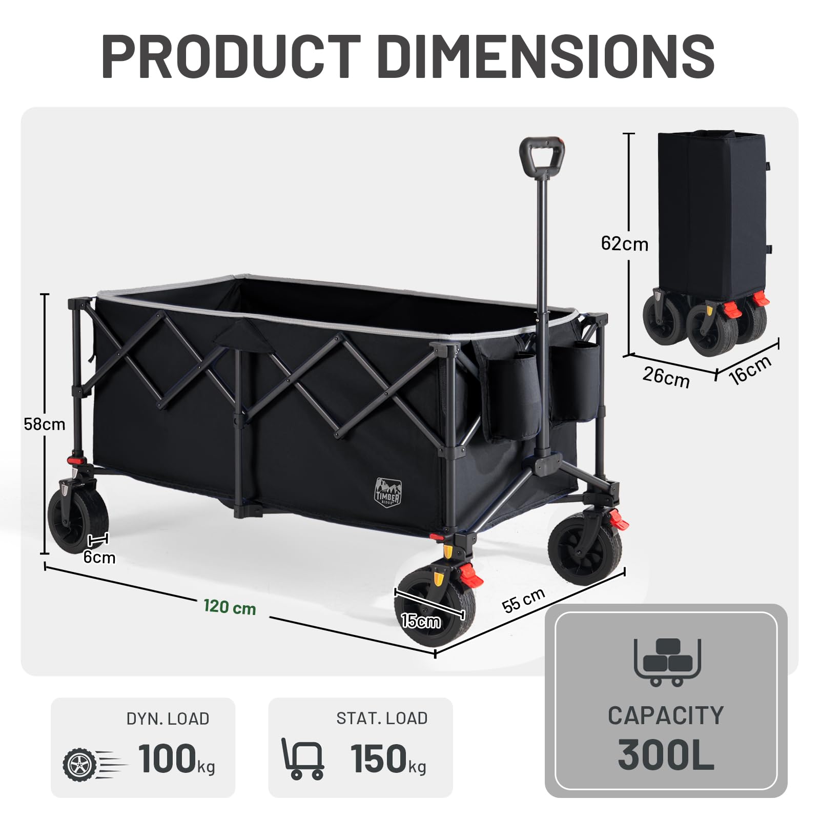 TIMBER RIDGE Carrito Plegable 300L 150kg Todo Terreno con Freno | Carrito plegable resistente de 300L y 150 kg, ruedas todo‑terreno, freno y lona extraíble, para camping, compras y jardín.