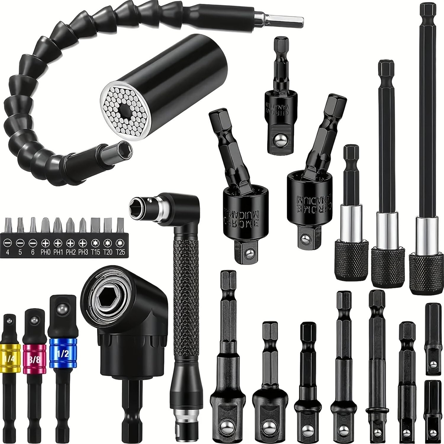 VIDOO Zestaw Przedłużek Elastycznych do Wiertarki 31szt Adapter Kątowy Hex