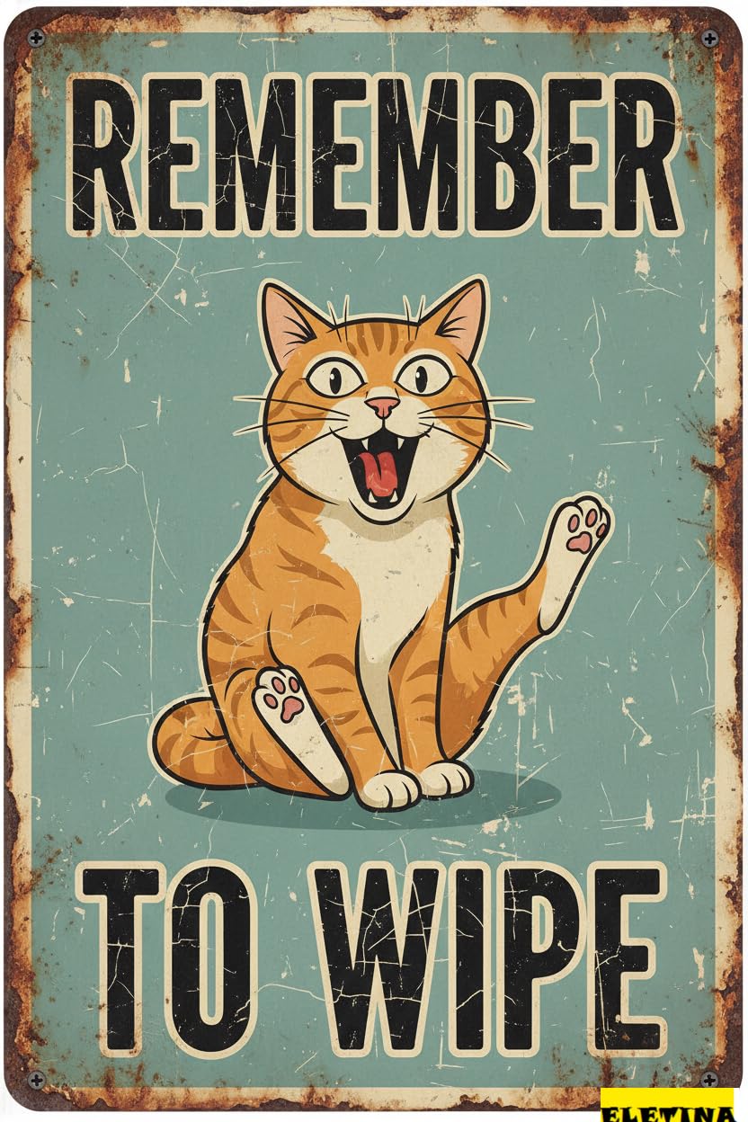 Vintage Metal Tin Sign for Funny Cat Bathroom Remember To Wipe S Orange Tabby Decor Wall Decor Home Bathroom Toilet Indoor Washroom Restroom Cat Lovers Gifts 12 * 8 In Private Property Decorative