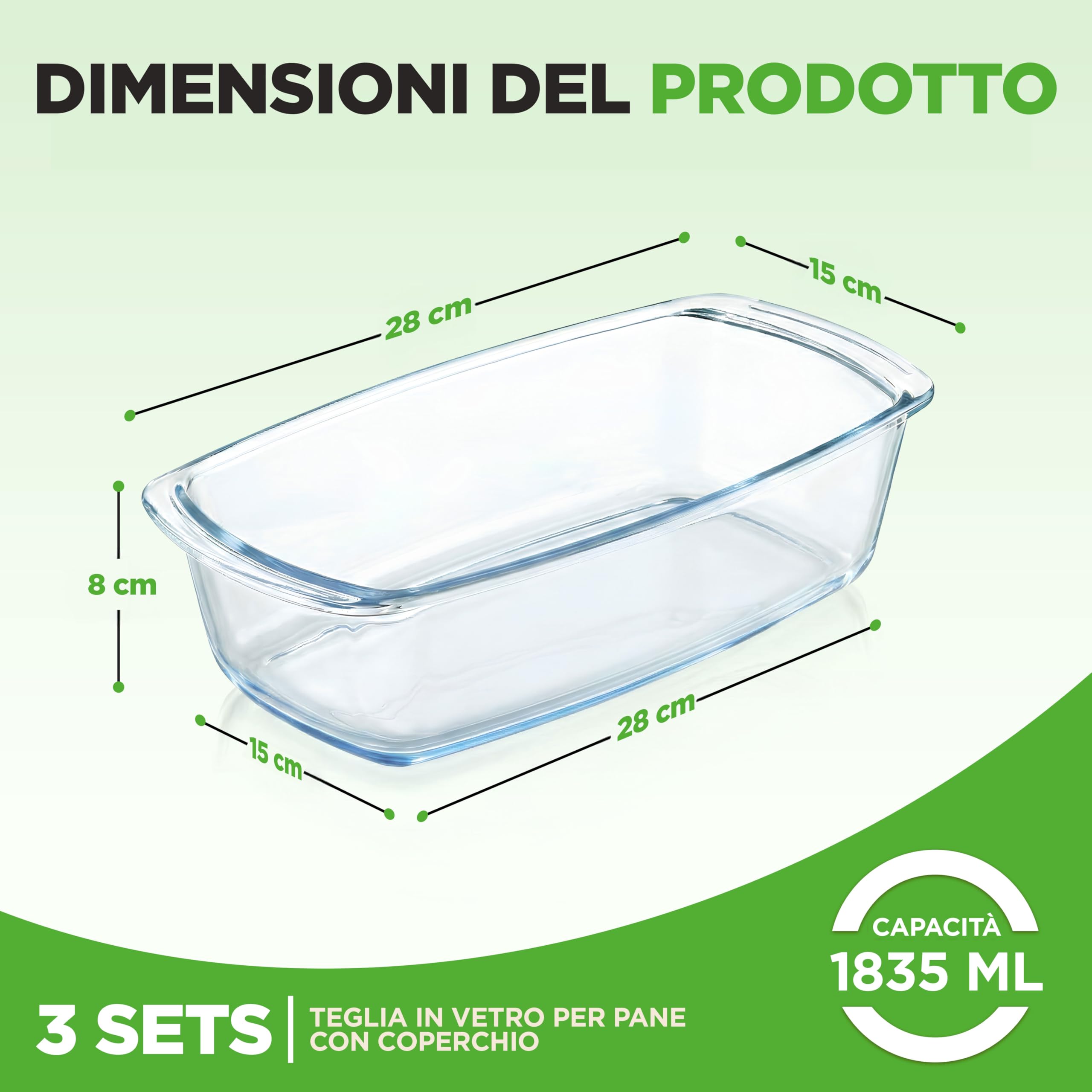 Nutrichef Contenitori Vetro per Alimenti da 1,8 Litri con Coperchio, Set 3 Teglie per Dolci, Torta, Plumcake, Pane, Lasagna e Pasta, Resistenti a Forno e Microonde