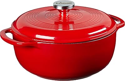 Lodge 4.5 Quart Enameled Cast Iron Dutch Oven with Lid – Dual Handles – Oven Safe up to 500° F or on Stovetop - Use to Marinate, Cook, Bake, Refrigerate and Serve – Solid Red