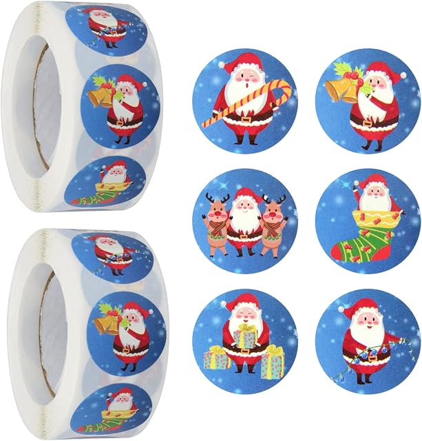 Leikedun 1000Pcs Christmas Round Stickers, Christmas Stickers Labels with Santa Self Adhesive Gift Tag for Crafts Decorations Scrapbooking Gift Wrap
