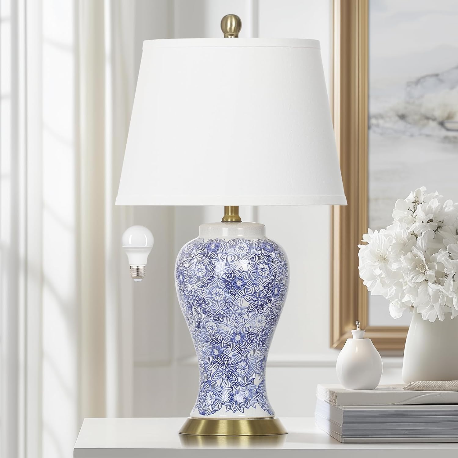 25" Blue and White Chinoiserie Ceramic Table Lamp - Elegant Ginger Jar Design for Transitional Style Living Rooms, Bedrooms, and Home Offices