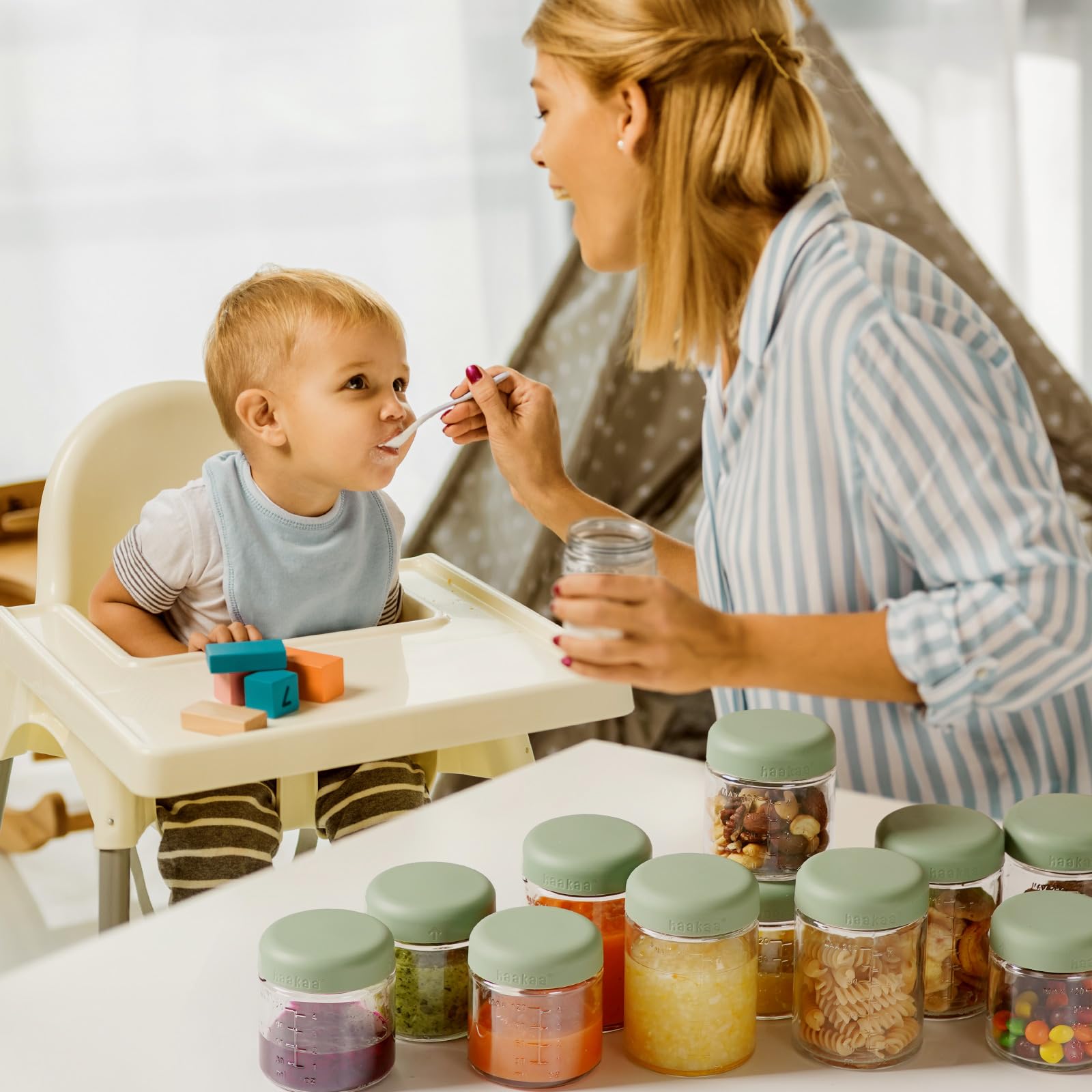 Juego de recipientes de almacenamiento de alimentos para bebés, tarros de vidrio 100% a prueba de fugas con tapas de silicona, aptos para nevera, congelador y microondas, 4 unidades de 7 onzas, 8