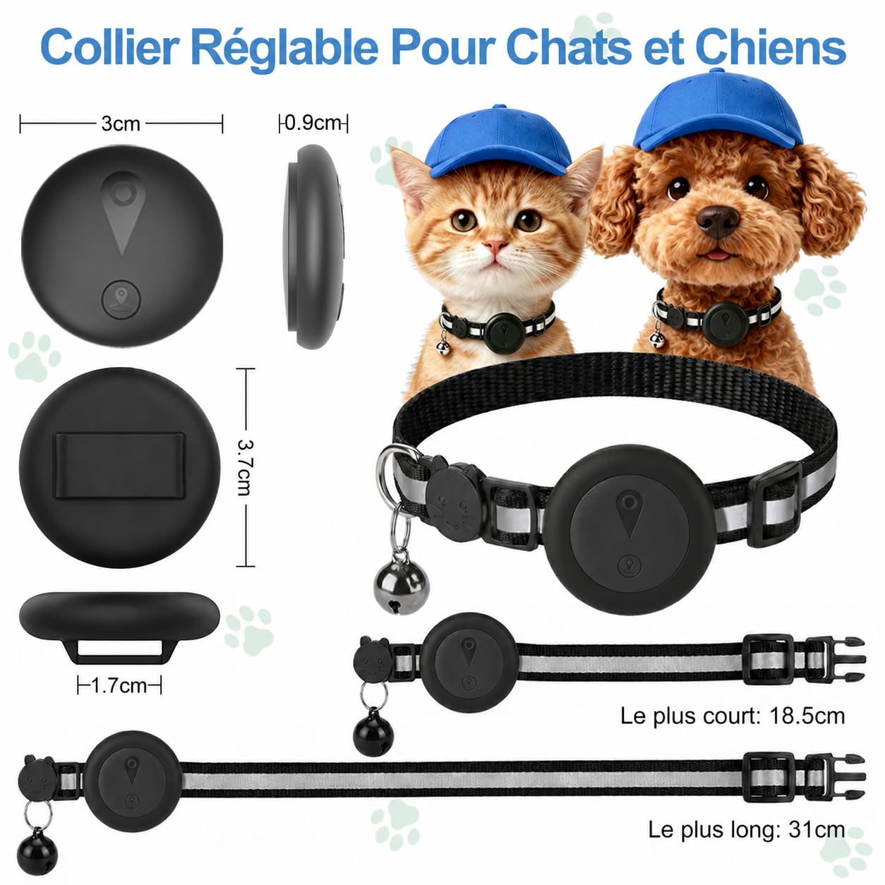 Collier GPS Chat 2-en-1,Collier GPS pour Chien Réfléchissant,Suivi en Temps Réel Et Fonctions Anti-Perte,sans Abonnement,iOS/Android,Collier Réglable avec Grelot,Adapté Aux Petits Chiens/Chats-Noir
