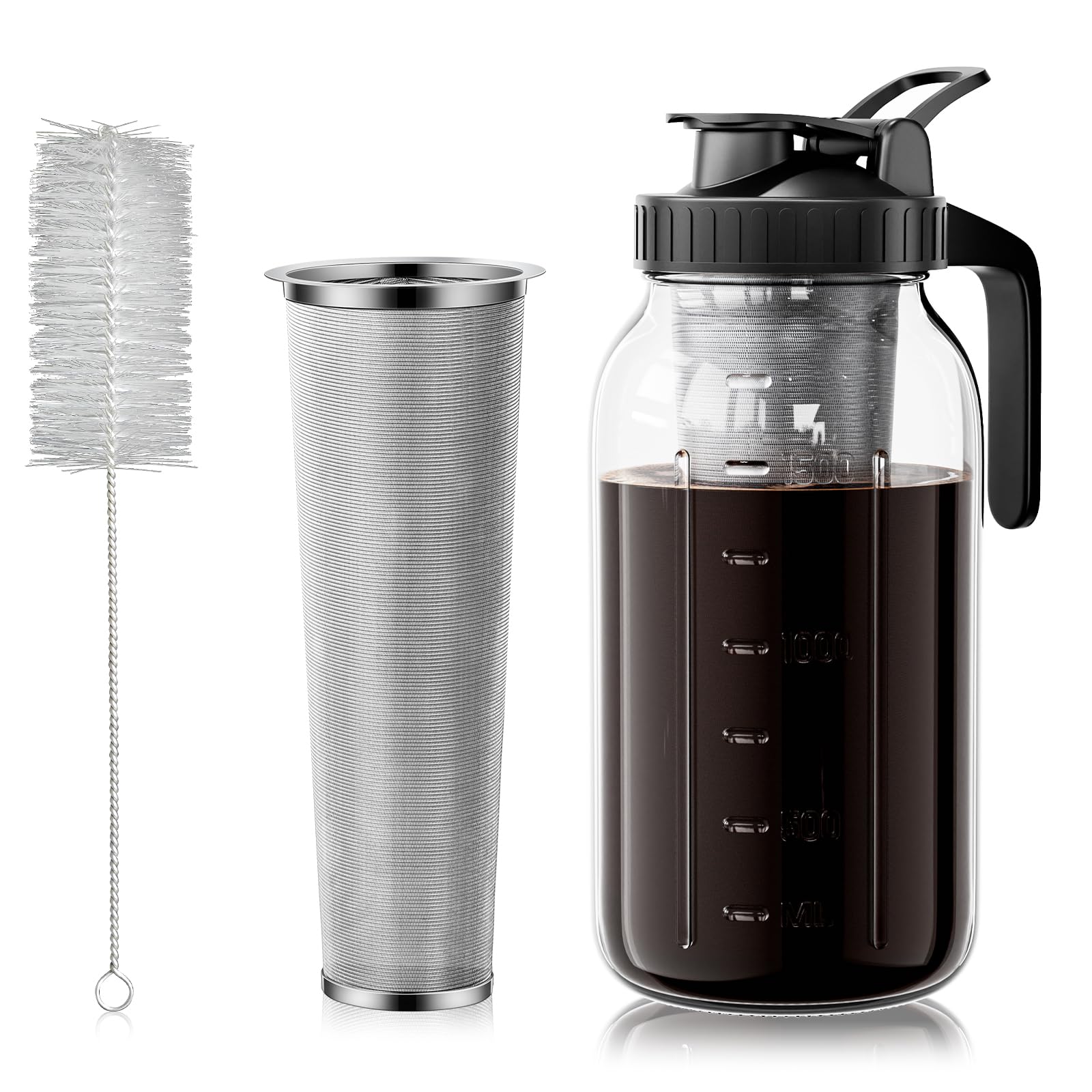 VA1KENE Cold Brew Coffee Maker 64oz, Iced Coffee Maker with 304 Stainless Steel Filter, Mason Jar Pitcher with Lid and Spout (Black)