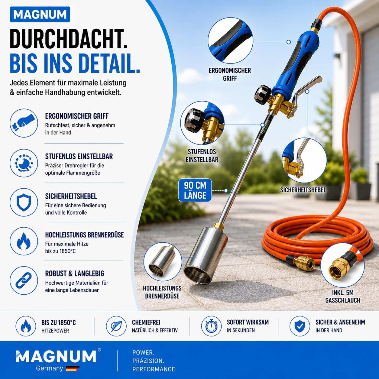 Magnum® Unkrautbrenner 1850°C [Extra starke Hitze] – Abflammgerät aus Edelstahl mit regulierbarer Flamme – Gasbrenner für effektive Unkrautentfernung inkl. Gasschlauch