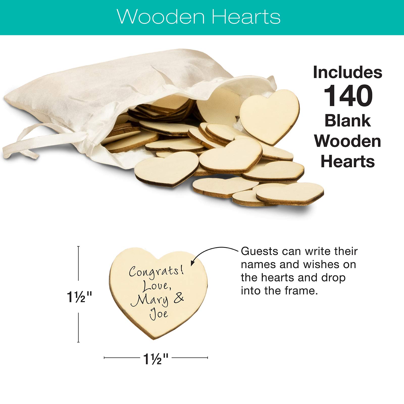 Libro de invitados de boda con 140 corazones de madera en blanco, un libro de invitados tradicional, marco de fotos Con bisagras para una fácil visualización de la mesa (color blanco sólido)