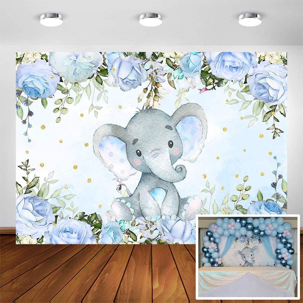 Avezano Boy Elephant Backdrop for Baby Shower Decorations Gender Neutral Blue Flower Photography Background Elephant Theme Baby Shower Birthday Party Photoshoot Backdrops Supplies