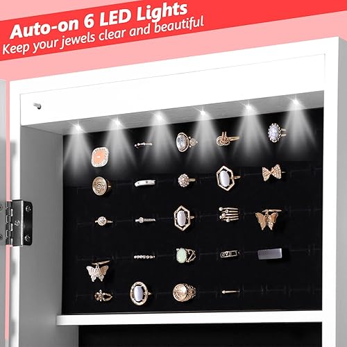 Miniatura 5 de Armario de joyería con espejo de 6 LED, organizador de joyas con cerradura para montar en la paredpuerta con espejo de longitud completa, espejo con