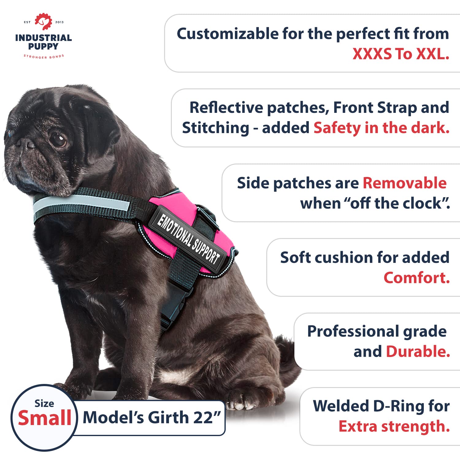 Apoyo emocional Arnés para perro con correas reflectivas, parches intercambiables, y manija en la parte superiorpara cargar | 7 Tamaños y 8 colores ajustables | De construcción resistente para cachorro, Hot Pink 4